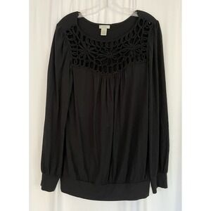 Cache Women's Blouse‎ Top Shirt Size Large Long Sleeve Braid Embelished Black